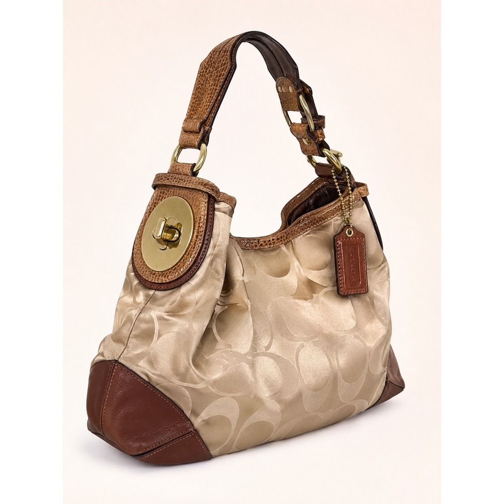 COACH Peyton Signature Hobo Shoulder Bag Khaki Sateen Python Snake Trim 14525